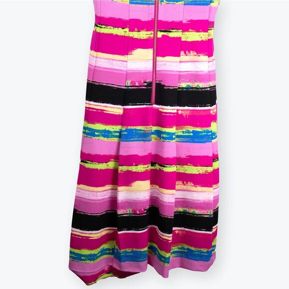 Tahari ASL Hot Pink Striped Scuba Pleated Fit-and-Flare Dress 4 - Picture 7 of 11